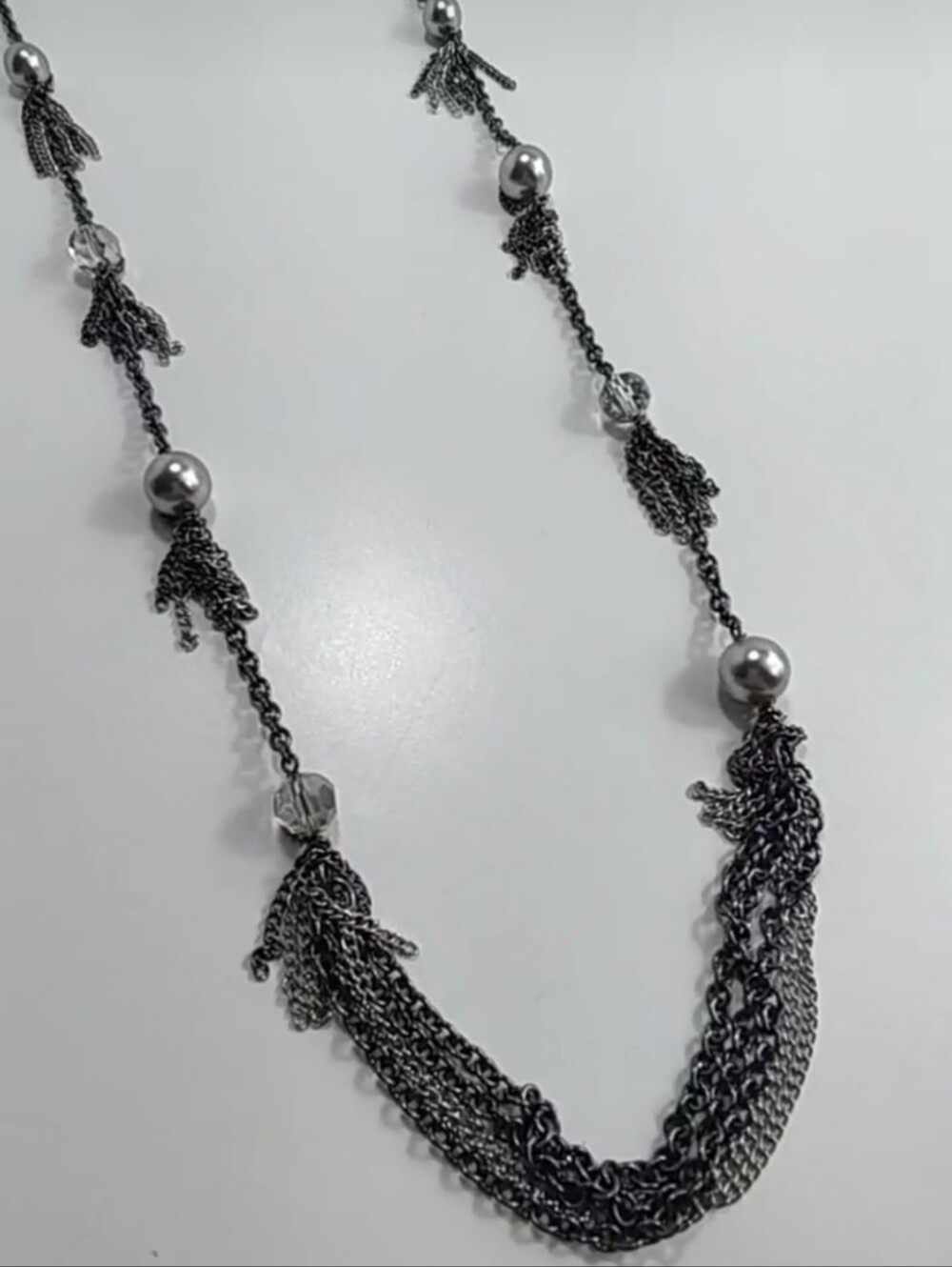 LOFT Gunmetal Chain Tassel Necklace 34" Faux Pearl Faceted Glass Bead Long